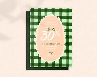 Birthday Invitation: Green Gingham. Fun Earthy Colours. Green. Any Age. For Him. Casual; Digital Download Editable Template 5x7 Printable