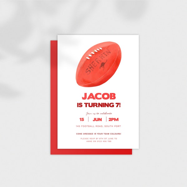 Children's Birthday Party Invitation: AFL Football Footy Watercolour. Digital Download Editable Template 5x7 Printable