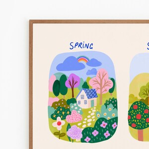 May include: A framed art print with a vibrant illustration of spring. The artwork shows a colourful landscape with a house, trees, flowers, and a rainbow under the word "SPRING". The style is bright and cheerful, with a focus on nature.