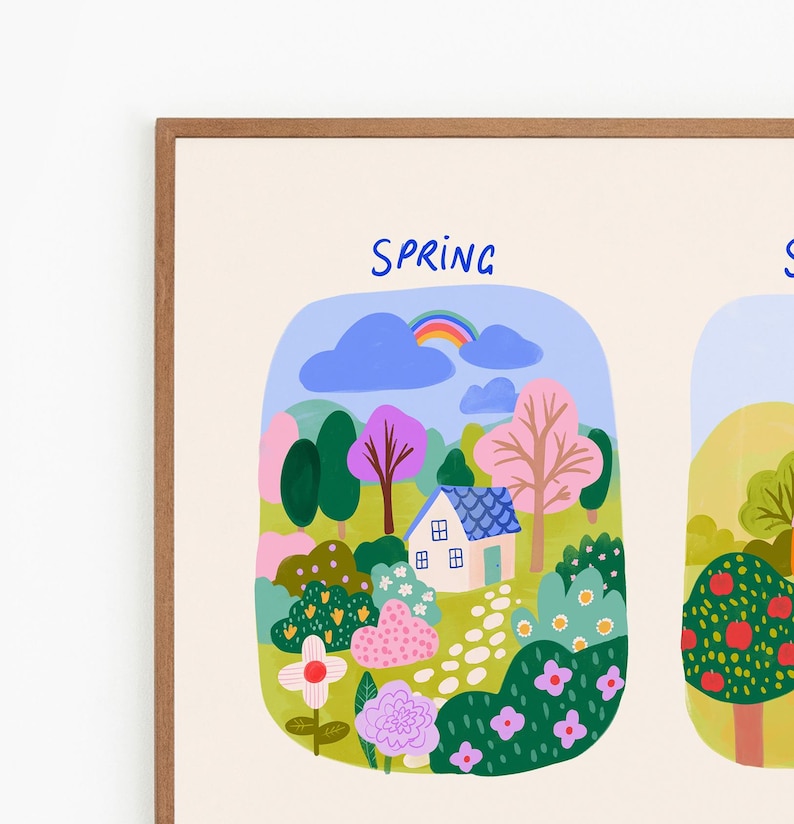 May include: A framed art print with a vibrant illustration of spring. The artwork shows a colourful landscape with a house, trees, flowers, and a rainbow under the word "SPRING". The style is bright and cheerful, with a focus on nature.