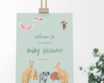 Cartello di benvenuto modificabile per baby shower: decorazioni per feste con animali australiani. Modello di download digitale 16x20 stampabile