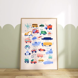 K&ouml;nnte beinhalten: Ein farbenfroher Alphabet-Chart mit Illustrationen verschiedener Fahrzeuge und Transportmittel, wie z. B. ein Schulbus, ein M&uuml;llwagen, ein Hubschrauber, ein U-Boot, ein Polizeiauto, ein Traktor, ein Quad, eine Yacht, ein Jetski, ein Zug, ein Kipplaster, ein Feuerwehrauto, ein Motorrad, ein Lieferwagen, ein Auto, ein Flugzeug, ein Bagger, eine Limousine, ein Tankwagen, ein Weihnachtsbaum, ein Zeppelin und ein Marineschiff. Jedes Fahrzeug ist mit dem entsprechenden Buchstaben des Alphabets beschriftet.