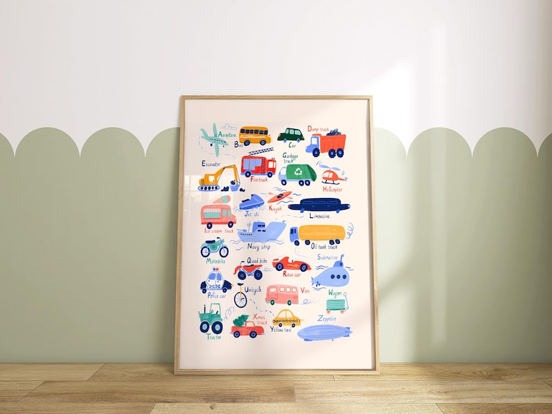 K&ouml;nnte beinhalten: Ein farbenfroher Alphabet-Chart mit Illustrationen verschiedener Fahrzeuge und Transportmittel, wie z. B. ein Schulbus, ein M&uuml;llwagen, ein Hubschrauber, ein U-Boot, ein Polizeiauto, ein Traktor, ein Quad, eine Yacht, ein Jetski, ein Zug, ein Kipplaster, ein Feuerwehrauto, ein Motorrad, ein Lieferwagen, ein Auto, ein Flugzeug, ein Bagger, eine Limousine, ein Tankwagen, ein Weihnachtsbaum, ein Zeppelin und ein Marineschiff. Jedes Fahrzeug ist mit dem entsprechenden Buchstaben des Alphabets beschriftet.