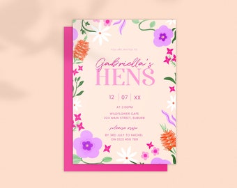 Hens Party Invitation: Australian Florals. Wildflowers. Garden. Modern. Colourful. Hens Night; Digital Download Editable Template Printable