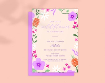1st Birthday Invitation: Australian Florals. Wildflowers Garden Party. Modern. Colourful; Digital Download Editable Template 5x7 Printable