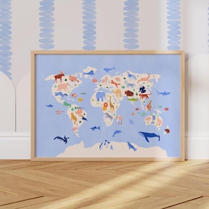 Watercolor Animal World Map Poster: Educational Nursery Decor (Digital Download)