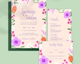 Wedding Invitation Set: Australian Florals. Wildflowers. Garden Wedding. Modern. Colourful; Digital Download Editable Template Printable