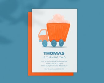 Children's Birthday Party Invitation: Dump Truck. Construction Vehicles. Colourful. Modern; Digital Download Editable Template 5x7 Printable