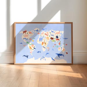Druckbare Karte der Tiere mit der Weltkarte für's Kinderzimmer, Kinderzimmer oder Klassenzimmer. Lehrreiche Kinder Dekor. Digitaler Download