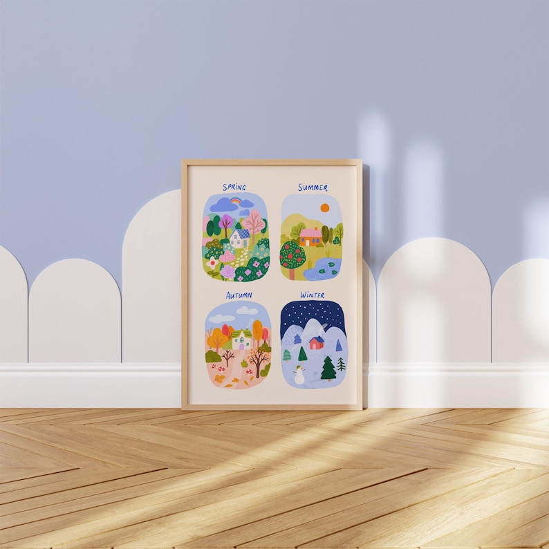 May include: A framed art print showing four seasonal illustrations: spring, summer, autumn, and winter. Each scene includes houses, trees, and seasonal details. The print is in a light wood frame, ideal for a child's room or nursery.
