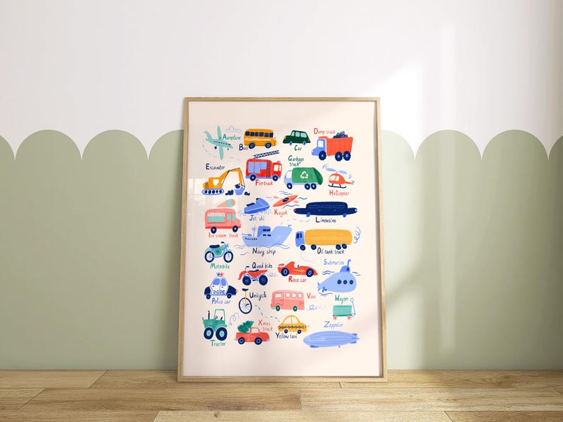 May include: A colorful alphabet chart featuring illustrations of various vehicles and transportation modes, such as a school bus, a dump truck, a garbage truck, a helicopter, a jet ski, a kayak, a limousine, a navy ship, a motorcycle, a quad bike, a race car, a police car, a unicycle, a tractor, a Christmas tree, a yellow taxi, a zeppelin, and more. Each vehicle is labeled with its corresponding letter of the alphabet.