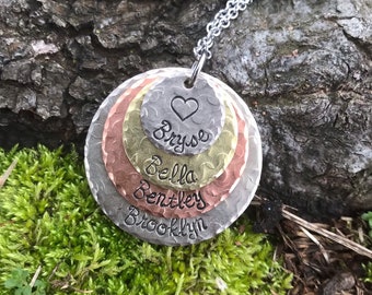 Hand Stamped Family Names Necklace – Mixed Metal Personalized Pendant