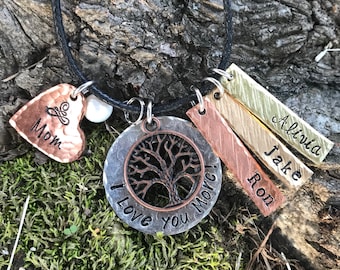 Family Tree Necklace - Handstamped Hand Stamped Jewelry Charms Cluster Handmade Personalized Custom Kids Mother Grandma Generations Mixed