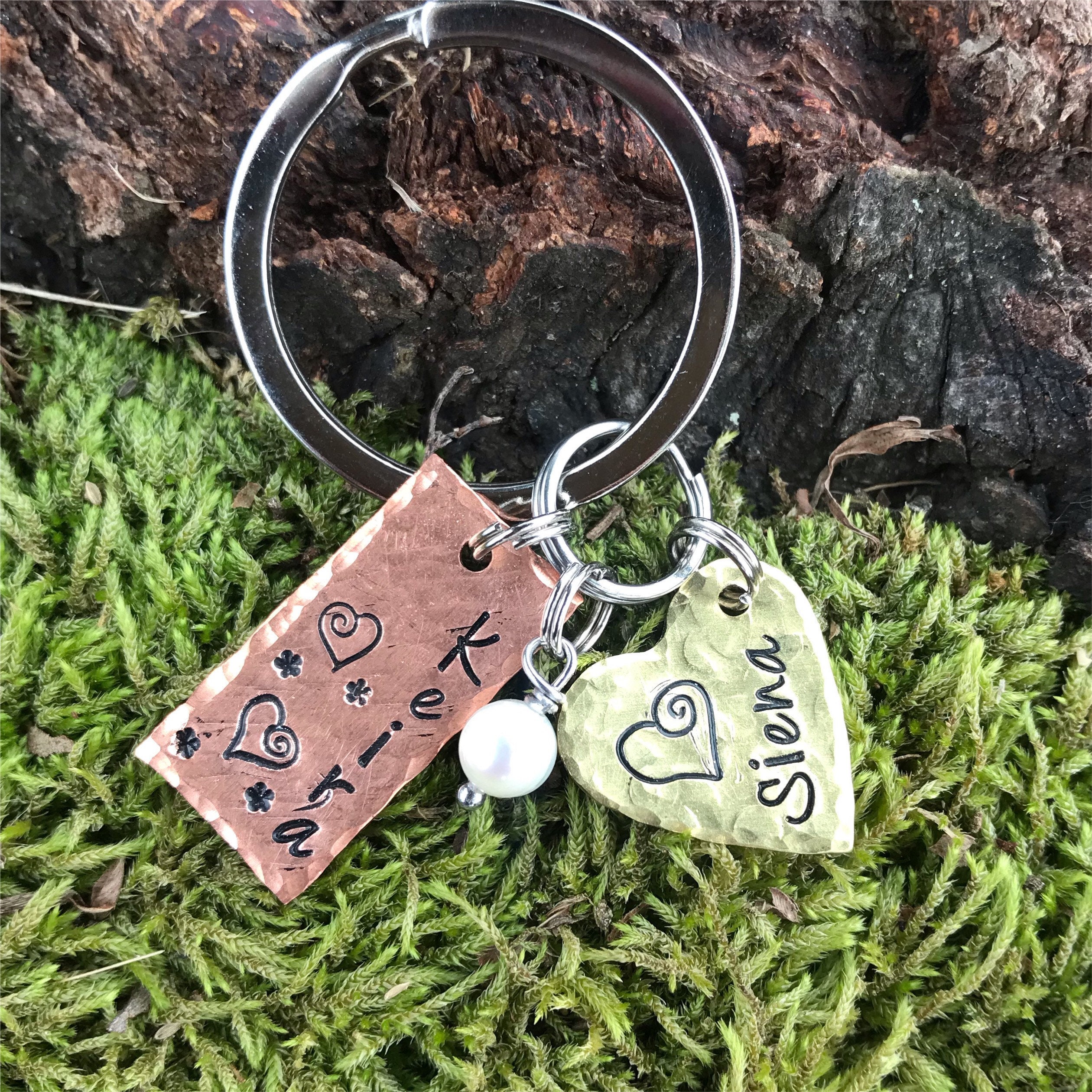 Hand Stamped Personalized Two tag and bead keychain Custom Etsy