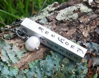 Hand Stamped Aluminum Bar Necklace, Freshwater Pearl, Personalized Names