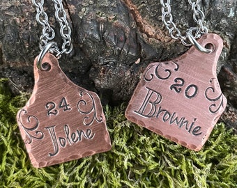 Hand Stamped Livestock Name Necklace Cattle Cow Calf Steer Heifer 4h show keychain copper kids names - farm animal family mom personalized