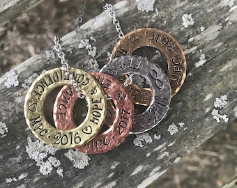 Hand Stamped Washer Necklace – Personalized Family Names, Mixed Metal Jewelry