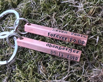 Pair of Copper or Aluminum 4 sided bar keychain, 2 in - 10 year anniversary Couple Husband Wife Spouse Coordinates Hand Stamped Handstamped