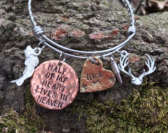 Hand Stamped Memorial, Remembrance Bracelet or Necklace half of my heart lives in heaven deer fish Handmade Dad Mom Child Loss Personalized