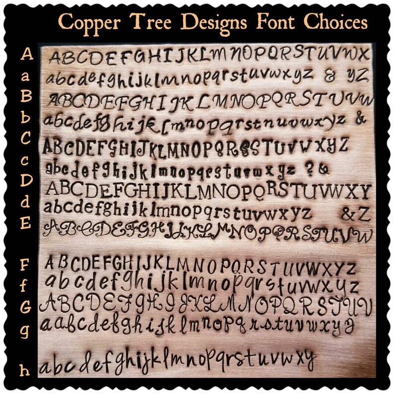May include: A close-up image of a wooden board with a variety of fonts burned into the surface. The fonts are labeled with the letters A through H, and each letter has a corresponding uppercase and lowercase version of the font. The text "Copper Tree Designs Font Choices" is at the top of the board.