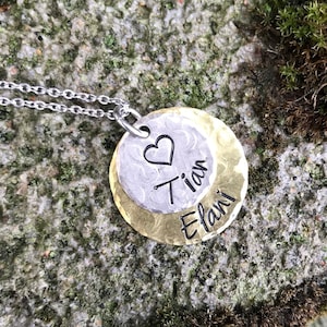 2 Tier Round Hand Stamped Pendant - two layered Handstamped Jewelry Necklace Personalized Children Mom Mother Grandmother Mixed Metal