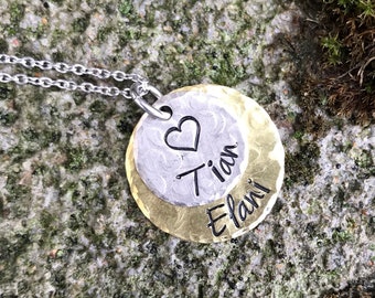 2 Tier Round Hand Stamped Pendant - two layered Handstamped Jewelry Necklace Personalized Children Mom Mother Grandmother Mixed Metal