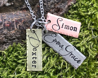 Mixed Metal Handstamped name tag Necklace - Hand Stamped Jewelry Charms simple Handmade Personalized Custom Kid Mother Grandma name Mom