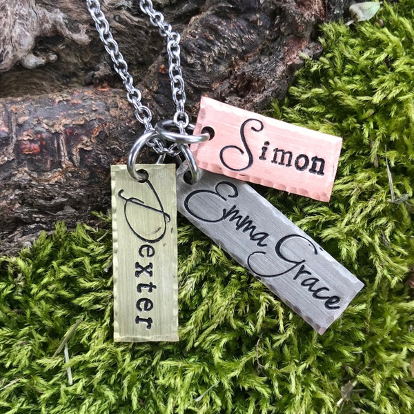 Mixed Metal Handstamped name tag Necklace - Hand Stamped Jewelry Charms simple Handmade Personalized Custom Kid Mother Grandma name Mom