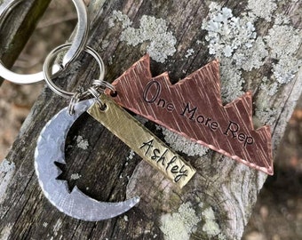 Zyia crescent moon logo, optional mountain, handstamped keychain with name, mixed metal, hand cut, hand stamped
