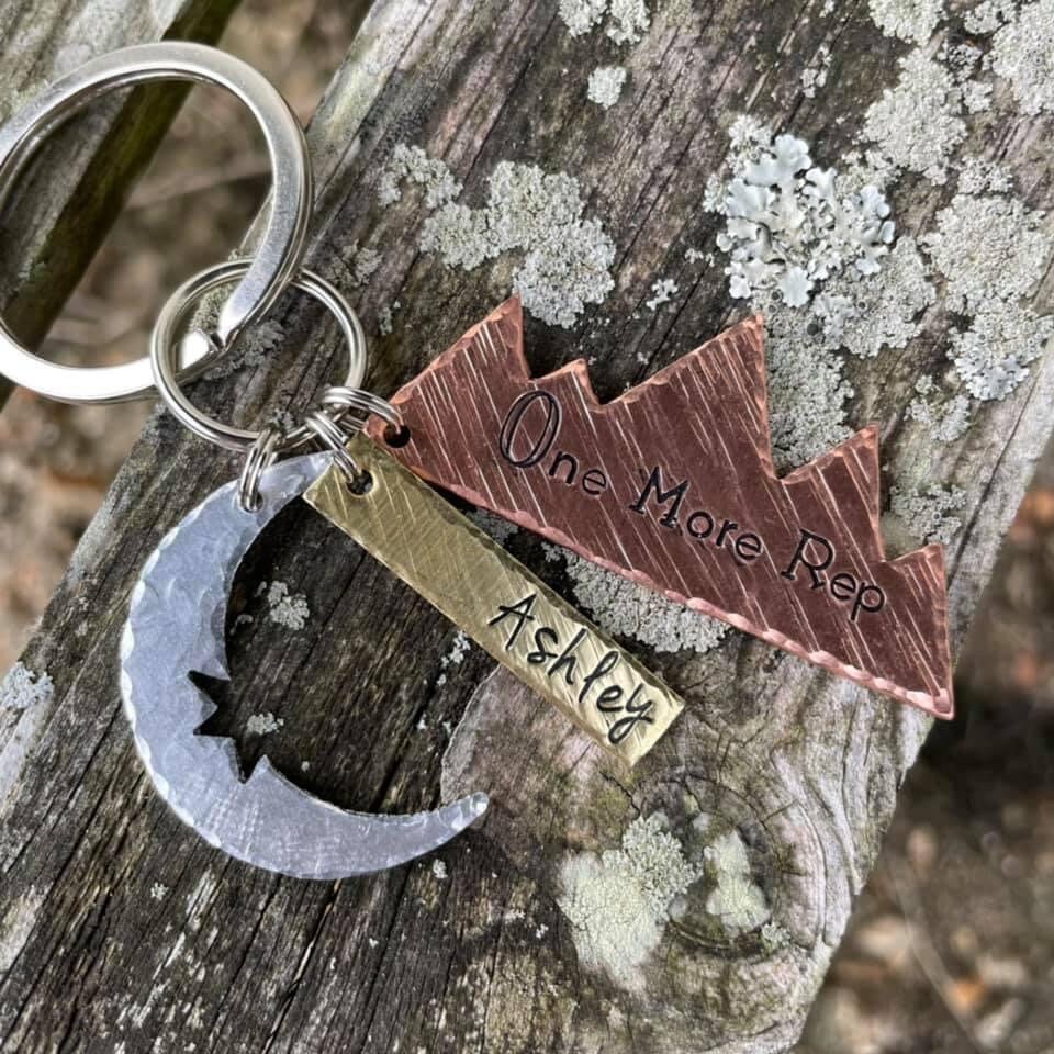 Zyia crescent moon logo, optional mountain, handstamped keychain with…