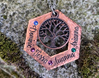 Handstamped hexagon copper washer birthstone Family Tree Name Necklace - Hand Stamped Jewelry Handmade Personalized Custom Kids Mom Grandma