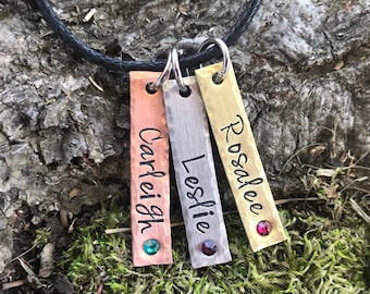 Handstamped mixed metal birthstone name tag Necklace - Hand Stamped Jewelry Charms simple Handmade Personalized Custom Kid Mother bar copper