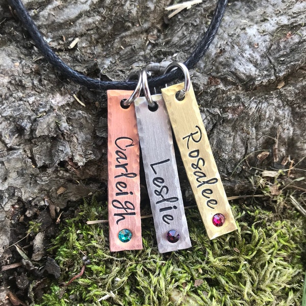 Handstamped mixed metal birthstone name tag Necklace - Hand Stamped Jewelry Charms simple Handmade Personalized Custom Kid Mother bar copper