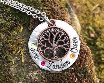 Handstamped pewter and birthstone Family Tree Name Necklace - Hand Stamped Jewelry Handmade Personalized Custom Kid Mother Grandma