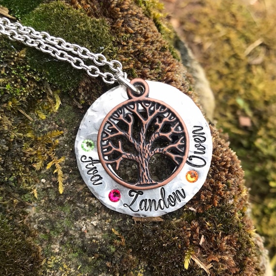 Handstamped Pewter and Birthstone Family Tree Name Necklace Hand
