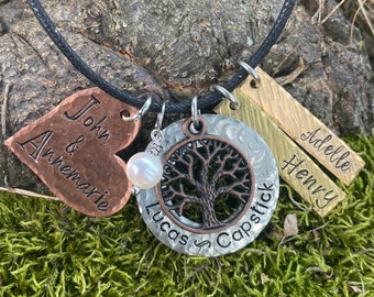 Mixed Metal Handstamped Family Tree Necklace - Hand Stamped Jewelry Charms heart Handmade Personalized Custom Kid Mother Grandma name