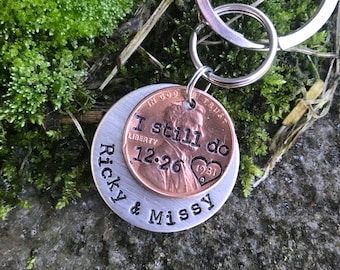Hand Stamped Penny Keychain - Personalized Anniversary Gift