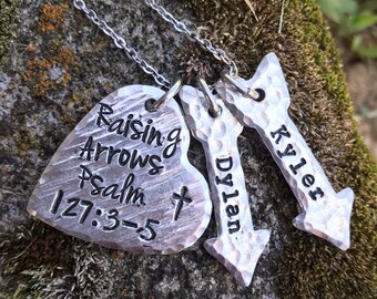 Raising Arrows Psalm 127: 3-5 childrens names hand stamped necklace pewter - personalized mom mother christian bible verse arrow