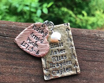 Raising Arrows Psalm 127: 3-6 childrens names hand stamped mixed metal necklace - personalized hammered mom mother christian bible verse