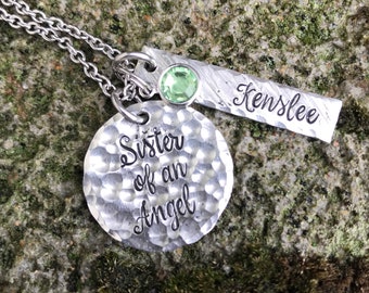 Sister of an Angel Hand Stamped personalized name birthstone necklace - handstamped pewter husband wife child sibling loss remembrance wing