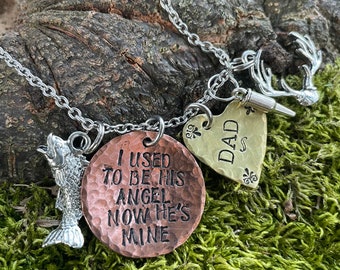 Hand Stamped Memorial, Remembrance Bracelet Necklace I used to be his angel now he's mine deer fish hunting Handmade Dad Loss Personalized