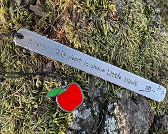 It takes a big heart to shape little minds aluminum or copper teacher apple bookmark - hand stamped gift  personalized book handstamped read