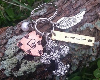 Rhinestone Cross Keychain – Personalized Hand Stamped Charm, Mixed Metal
