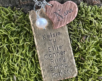 Mixed Metal Handstamped Family Name List Necklace Grandma Nana- Hand Stamped Jewelry Charms heart Handmade Personalized Custom Kid Mother