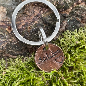 Hand Stamped Name Penny Lucky Keychain  - Birth Children Child Mother Father Birthday Personalized Gift Date Year Couple Anniversary Wife