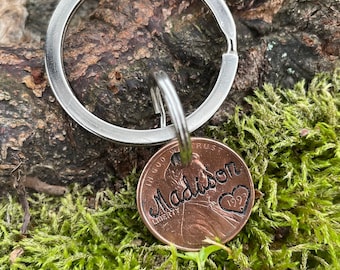Hand Stamped Name Penny Lucky Keychain  - Birth Children Child Mother Father Birthday Personalized Gift Date Year Couple Anniversary Wife