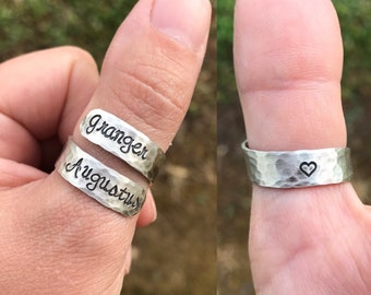 Sterling Silver Hand stamped personalized wrap ring - Mom Jewelry Handstamped Names Family Children Mother Adjustable Infinity Love Family