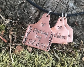 Raising my Herd Hand Stamped livestock cattle tag necklace keychain copper kids names - farm animal family mom Mother's Day personalized