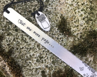 Just one more page… hand stamped copper or aluminum bookmark flowers and mason jar on oval or name on butterfly or heart handstamped read