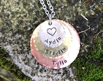 Hand Stamped Family Name Necklace – Mixed Metal 3 Tier Pendant